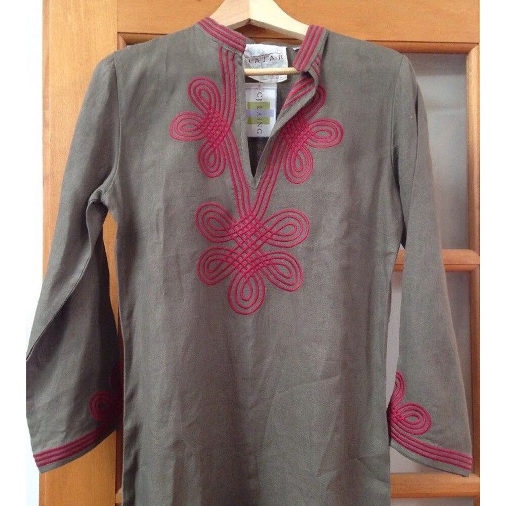 NWT Shajar CJ Laing Irish Linen Embroidered Asian Resort Style Kaftan Dress M 38